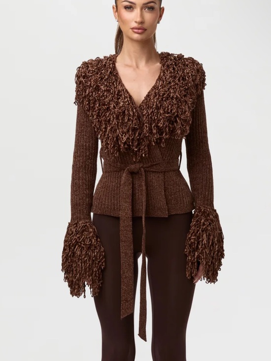 naked wardrobe Sweaters - Naked Wardrobe Knit Fringe V-Neck Cardigan Brown Chenille Wrap Size Large